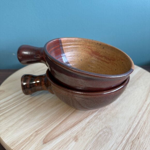 2 Vintage Handmade Studio Pottery Soup Chili Bowls Handles Rustic Brown Tan Glaz - Picture 1 of 9